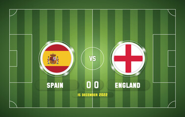 Spain vs England 2022 football match with scoreboard and stadium background