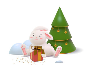 3D vector composition of white rabbit with a gift box and new year's tree on transparent background. Symbol of the New Year 2023.