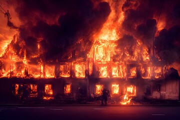 A building burns in a blazing inferno. 