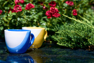 Yellow and blue tea coffee cups and red flowers in greenery on a marble surface