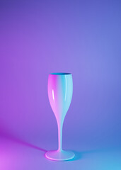 Celebration, New Year futuristic concept. Champagne glass with neon illumination. Cyberpunk, artificial space.