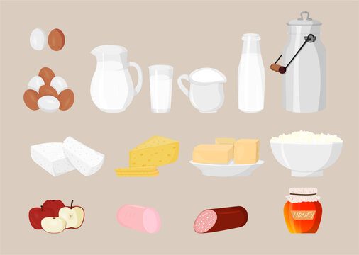 Collection of organic farm products. Set of useful healthy dairy food from farm in cartoon style - milk, sausage, egg, cheese, feta, cream, butter, apple, honey, curd. Vector illustration