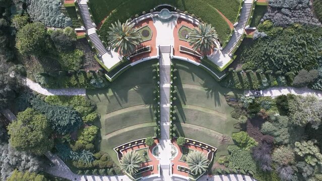 Top-down aerial view of Bahai Gardens in Haifa city, Israel