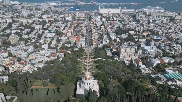 Drone view of the lower part of Bahai Gardens in Haifa city, Israel