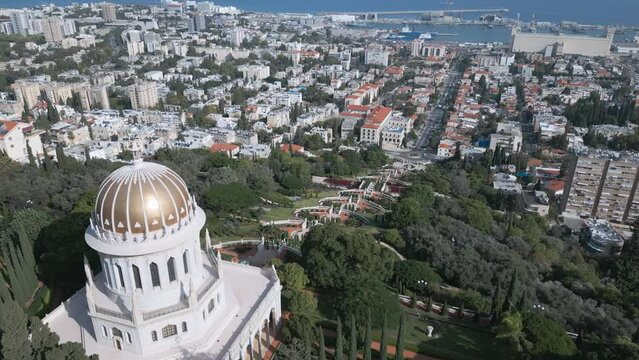 Aerial view of Shrine of the Bab and lower part of Bahai Gardens, Haifa, Israel