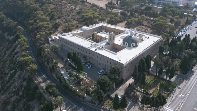 Aerial shot of Stella Maris Monastery on Mount Carmel, Haifa, Israel