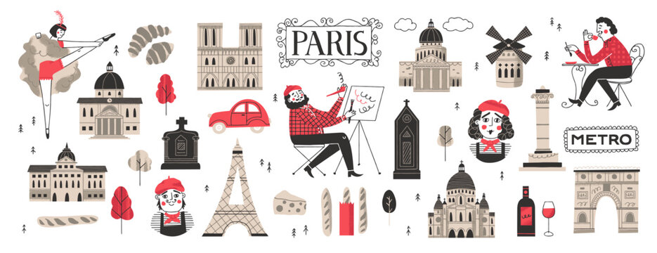 Parisian aesthetic collection. French culture and architecture concept. Hand drawn Paris symbols set vector illustration