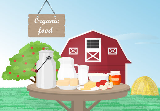 Beautiful vector illustration of natural organic dairy food on the background of the farm - barn, hay, apple tree, grass and nameplate. Cartoon style.