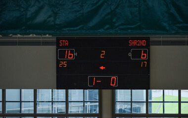 Digital main scoreboard score in an indoor school gym. Volleyball match in action.