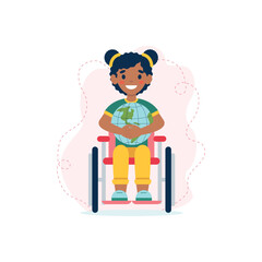 Cute smiling black girl in wheelchair holding globe. Concept of education, social adaptation,  travel of people with disabilities. Equal opportunities. Inclusivity. Vector illustration