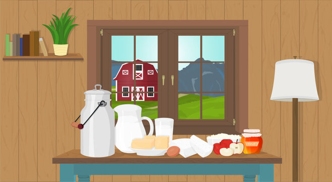 Beautiful vector illustration of natural organic dairy food inside farmer house - milk; cheese; butter; apple; honey; curd, feta cheese. Window with landscape. Cozy atmosphere