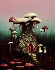 Fantasy mushroom art illustration fairy art mushroom house 