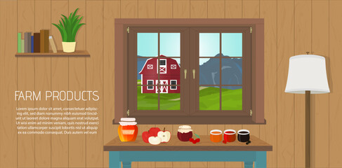 Natural organic grocery inside farmer house - honey, fruits - cherry, apple, blackberry, strawberry, jam. Farm products on the table. Window with landscape. Cozy atmosphere in cartoon style