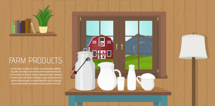 Beautiful vector illustration of natural organic dairy food inside farmer house. Milky products on the wooden table. Window with landscape. Cozy atmosphere in cartoon style