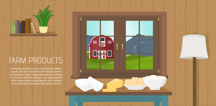 Beautiful vector illustration of natural organic dairy food inside farmer house - cheese; butter; curd, feta cheese. Milky products on the farm. Window with landscape. Cozy atmosphere in cartoon style