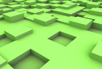 Fototapeta na wymiar Cubes of irregular heights rendered with 3d animation, cube surface green