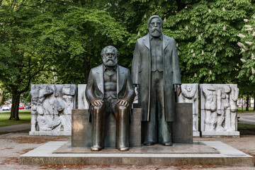 The bronze monument of Karl Marx and Friedrich Engels in Berlin-Mitte, Germany