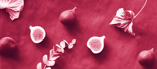 Viva Magenta color of the year 2023. Fig fruits and dry eucalyptus and cala lily flowers painted...