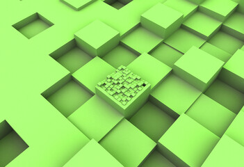Cubes of irregular heights rendered with 3d animation, cube surface green