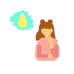 girl has new idea concept. Lamp like a symbol of idea,innovation or solution vector illustration. creative idea. girl and inspiration