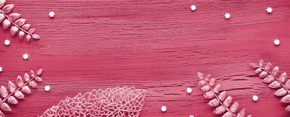Viva Magenta color of the year 2023. Silver Christmas panoramic banner background with sugar stars...