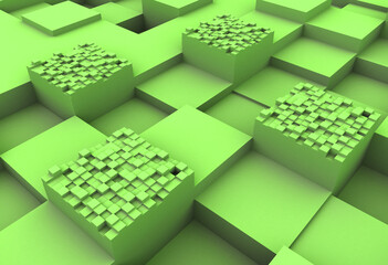 Cubes of irregular heights rendered with 3d animation, cube surface green