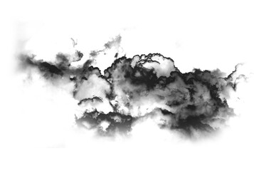 Abstract black cloud or smoke swirl overlay on transparent background pollution. Royalty high-quality free stock PNG image of abstract cloud overlays on white background. Black fog swirls fragments
