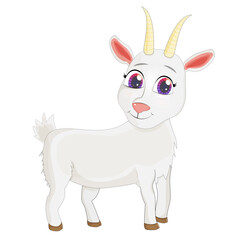 Beautiful cute goat isolated on white background. Farm animal, cattle, smiling goat in cartoon style. Standing. Single