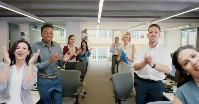 Happy, clapping and celebration of corporate employee group applause for company success. Business crowd, motivation and diversity of teamwork support in marketing job celebrate target goal in office