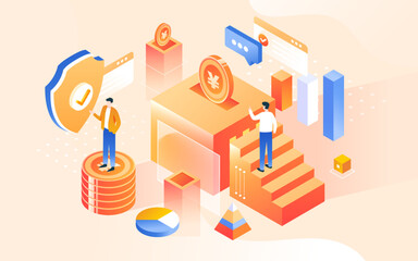 Isometric internet finance with various gold coins and people in the background, vector illustration