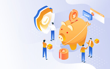 Isometric internet finance with various gold coins and people in the background, vector illustration