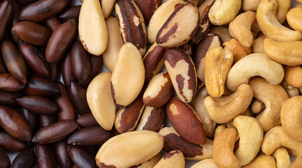 Top closeup view of brazilian nuts. Brazil,  cashew and baru nuts