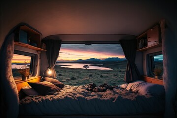 A picturesque view from the back of a campervan - Van life in the Highlands of Scotland with a Scottish Loch in view at sunset