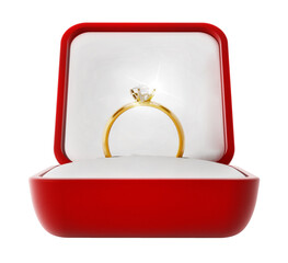 Diamond ring inside open red box on transparent background