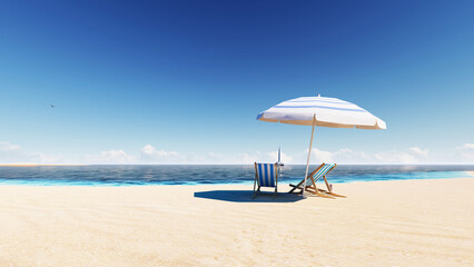 Beach chair and sea. Beach with blue sky in summer as vacation concept.
