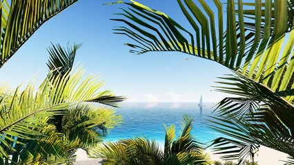 Fototapeta premium Coconut palm trees against blue sky and beautiful beach. Vacation holidays background wallpaper. View of nice tropical beach. 
