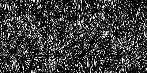 Seamless abstract chaotic ink pen or marker scribble background texture. Hand drawn fun playful trendy childish squiggly doodle drawing line art backdrop. Bold black isolated pattern overlay.. - obrazy, fototapety, plakaty