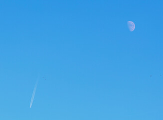 moon birds plane on blue sky