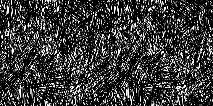 Seamless abstract chaotic ink pen or marker scribble background texture. Hand drawn fun playful trendy childish squiggly doodle drawing line art backdrop. Bold black isolated pattern overlay..
