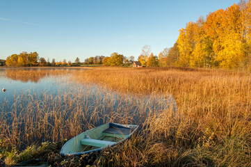 Fototapeta na wymiar Sunny autumn morning at lake Annsjön in county Östergötland, Sweden