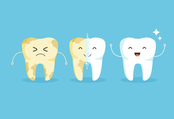 Cleaning teeth. Cartoon snow-white happy and yellow sad tooth. Before and after whitening. Dental health concept. Vector illustration isolated on blue background