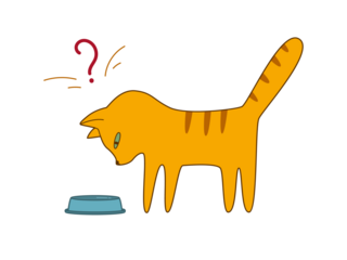 Funny cartoon red cat looks into an empty bowl. Illustration on transparent background