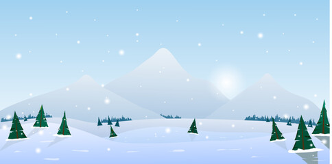 Vector illustration. Landscape of winter mountains with fir-trees and hills. Background with falling snow