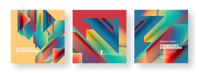 Vector set of abstract geometric poster backgrounds, colorful shapes with fluid colors. Collection of covers, templates, flyers, placards, brochures, banners