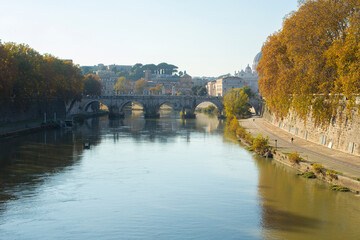 Fototapeta na wymiar Tiber River near Prati district in Rome, Italy. Autumn colors dye the trees along the river.