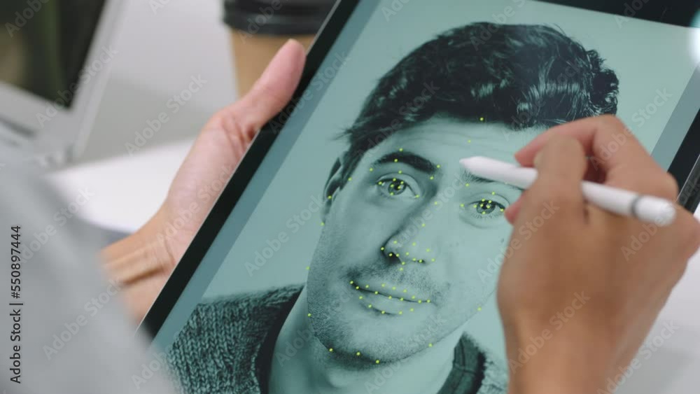 Poster Graphic designer, editor and tablet with the hands of a professional creative working on a portrait in the office. Drawing, software and graphic design with an employee using a stylus for editing