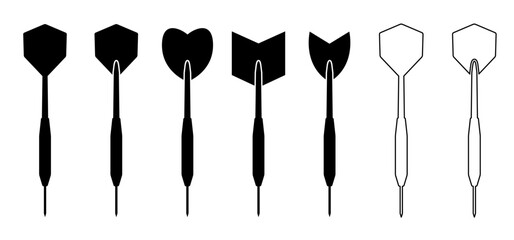 Cartoon dart arrows for dart board game. Dartboard, the darts on the target. Arrow darts element: flight, shaft, barrel, sharp point. Throw single, double or triple