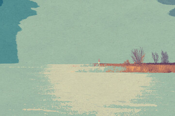 ilustracja grafika krajobraz latarnia morska na tle trzcin i nieba, zgaszone pastelowe kolory. - obrazy, fototapety, plakaty