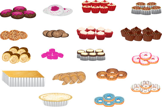 Big set of delicious bakery isolated on white background. Pack of donuts, muffins, rolls, pies, croissants, cookies, cheesecakes. Sweets for cafe, restaurant illustration. Collection of bakery cartoon