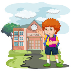 Obraz na płótnie Canvas Cute cartoon boy going to school with her backpack vector illustration
